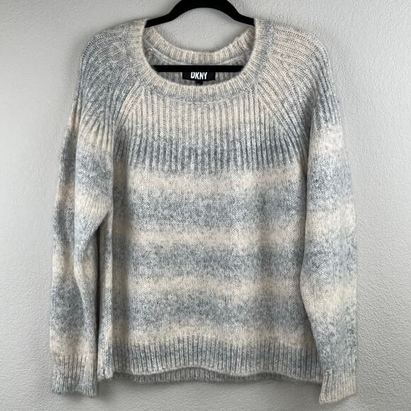 DKNY Gray Cream Ombre Striped Crewneck Soft Knit Pullover Sweater XL NWT - Picture 10 of 11